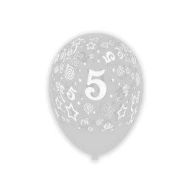 Palloncini 12" (30cm) trasparente 57 con stampa bianca globo Numero 5, 100pz.