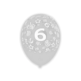Palloncini 12" (30cm) trasparente 57 con stampa bianca globo Numero 6, 100pz.
