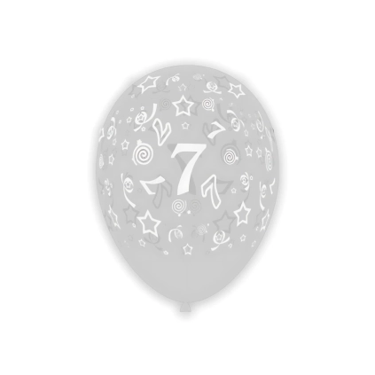 Palloncini 12" (30cm) trasparente 57 con stampa bianca globo Numero 7, 100pz.
