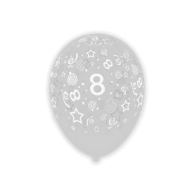 Palloncini 12" (30cm) trasparente 57 con stampa bianca globo Numero 8, 100pz.