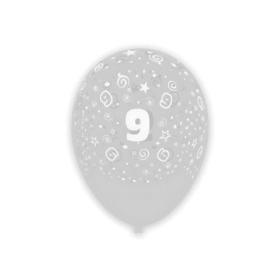 Palloncini 12" (30cm) trasparente 57 con stampa bianca globo Numero 9, 100pz.