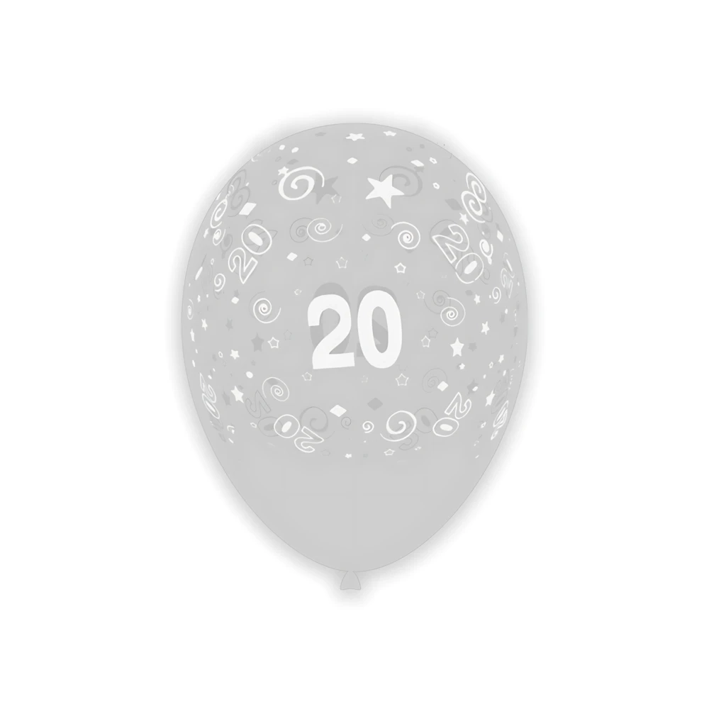 Palloncini 12" (30cm) trasparente 57 con stampa bianca globo Numero 20, 100pz.