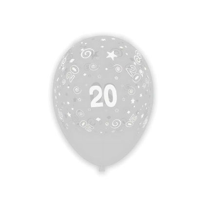 Palloncini 12" (30cm) trasparente 57 con stampa bianca globo Numero 20, 100pz.