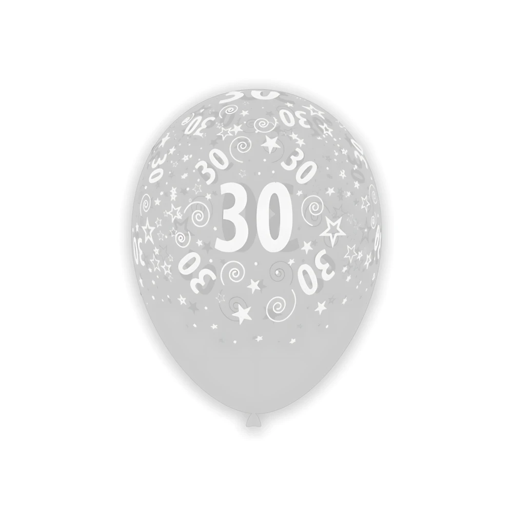 Palloncini 12" (30cm) trasparente 57 con stampa bianca globo Numero 30, 100pz.