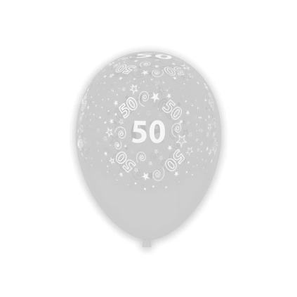 Palloncini 12" (30cm) trasparente 57 con stampa bianca globo Numero 50, 100pz.
