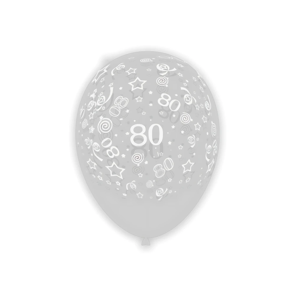 Palloncini 12" (30cm) trasparente 57 con stampa bianca globo Numero 80, 100pz.
