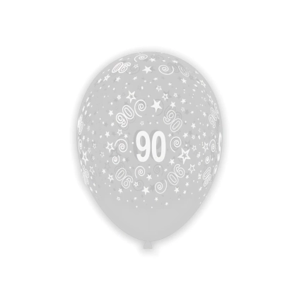 Palloncini 12" (30cm) trasparente 57 con stampa bianca globo Numero 90, 100pz.