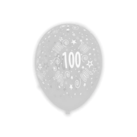 Palloncini 12" (30cm) trasparente 57 con stampa bianca globo Numero 100, 100pz.