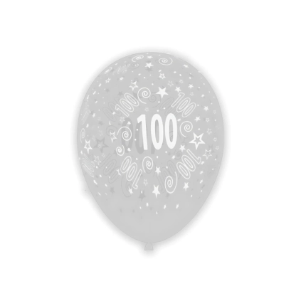 Palloncini 12" (30cm) trasparente 57 con stampa bianca globo Numero 100, 100pz.