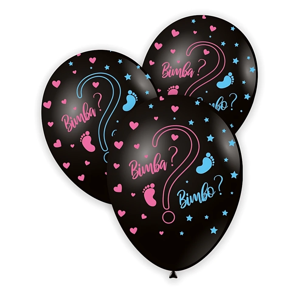 Palloncini 13" (33cm) nero 15 con stampa rosa e celeste globo Bimbo o Bimba?, 100pz.