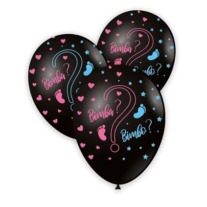 Palloncini 13" (33cm) nero 15 con stampa rosa e celeste globo Bimbo o Bimba?, 100pz.