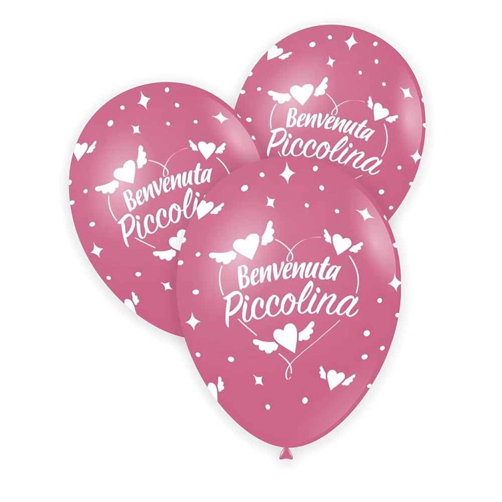 Palloncini 12" (30cm) rosa 26 con stampa bianca globo Benvenuto Piccolina, 100pz.