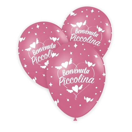 Palloncini 12" (30cm) rosa 26 con stampa bianca globo Benvenuto Piccolina, 100pz.