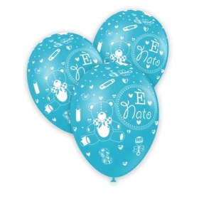 Palloncini 12" (30cm) celeste 46 con stampa bianca globo E' Nato, 100pz.