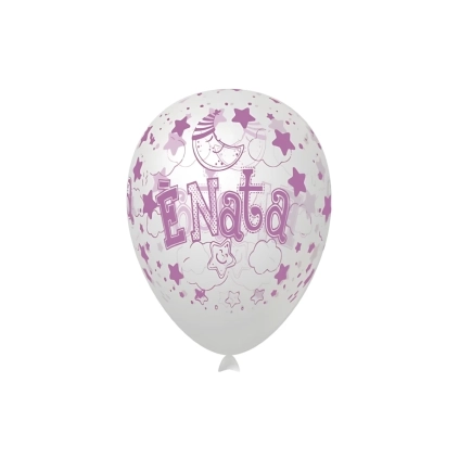 Palloncini 12" (30cm) trasparente 57 con stampa rosa globo E' Nata, 100pz.