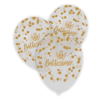 Palloncini 12" (30cm) bianco con stampa oro globo Battesimo, 100pz.