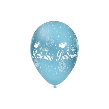Palloncini 12" (30cm) celeste 46 con stampa bianca globo Il mio Battesimo, 100pz.