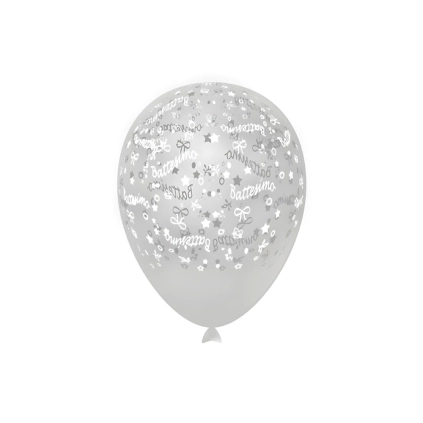 Palloncini 12" (30cm) trasparente 57 con stampa bianca globo Battesimo, 100pz.