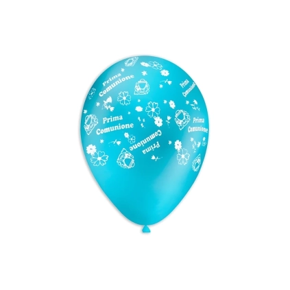 Palloncini 12" (30cm) celeste 80 con stampa bianca globo Prima Comunione, 100pz.