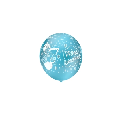 Palloncini 5" (12cm) celeste 80 con stampa bianca globo Prima Comunione, 100pz.
