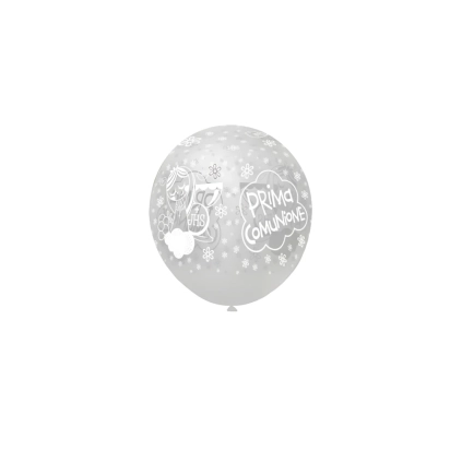 Palloncini 5" (12cm) trasparente 57 con stampa bianca globo Prima Comunione, 100pz.
