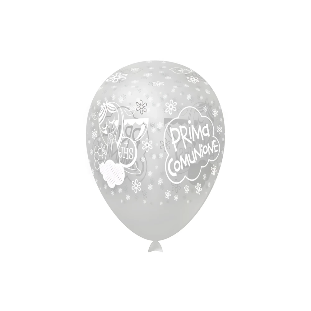 Palloncini 12" (30cm) trasparente 57 con stampa bianca globo Prima Comunione, 100pz.
