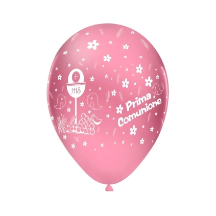 Palloncini 12" (30cm) rosa 26 con stampa bianca globo Prima Comunione, 100pz.