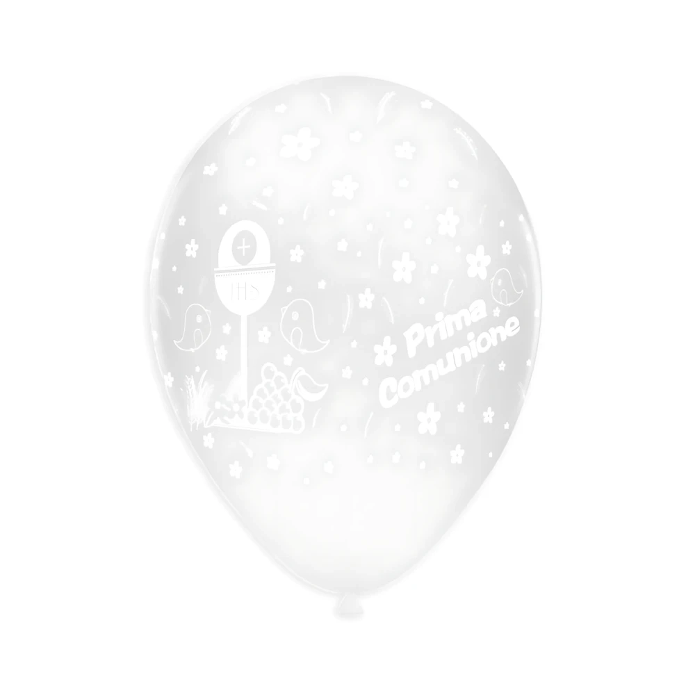 Palloncini 12" (30cm) trasp. 57 con stampa bianca globo Prima Comunione, 100pz.