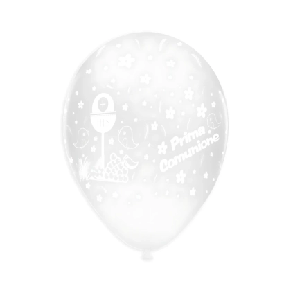 Palloncini 12" (30cm) trasp. 57 con stampa bianca globo Prima Comunione, 100pz.