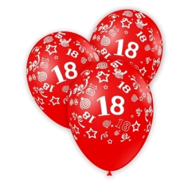 Palloncini 12" (30cm) rosso 28 con stampa bianca globo numero 18, 100pz.