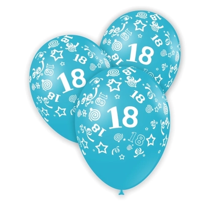Palloncini 12" (30cm) celeste 46 con stampa bianca globo numero 18, 100pz.