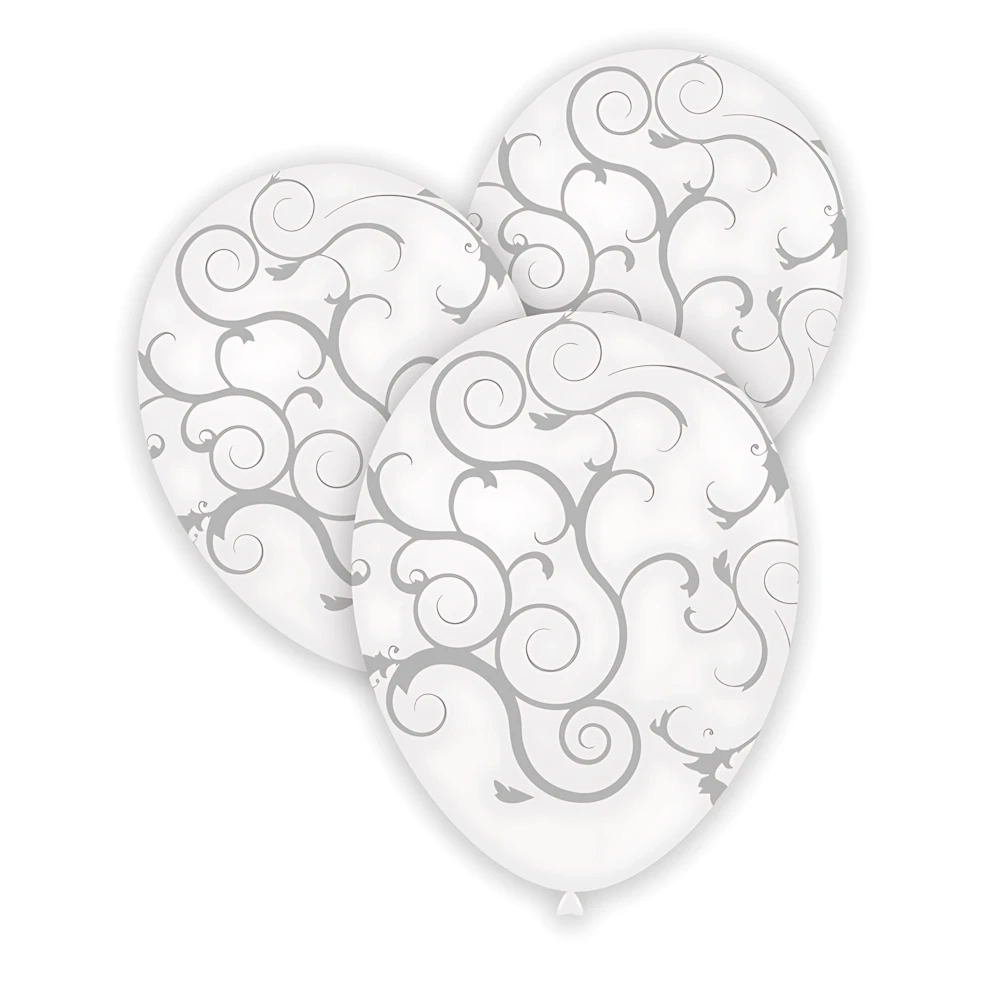 Palloncini 12" (30cm) bianco 10 con stampa argento globo Filigrana, 100pz.