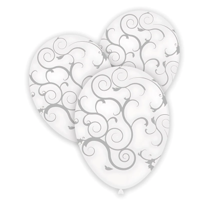 Palloncini 12" (30cm) bianco 10 con stampa argento globo Filigrana, 100pz.