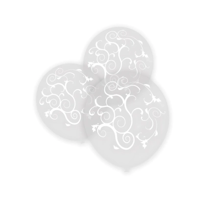 Palloncini 5" (12cm) trasparente 57 con stampa bianca globo Filigrana, 100pz.