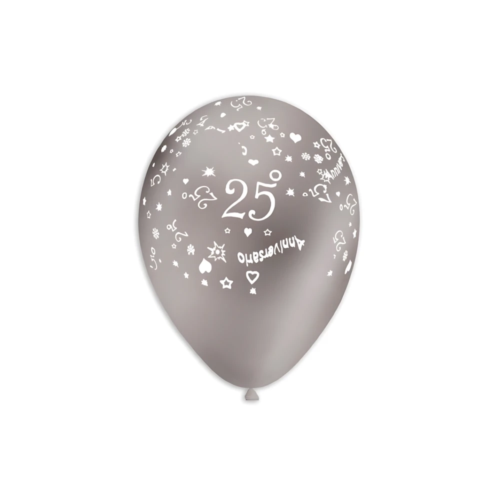 Palloncini 12" (30cm) argento 68 con stampa bianca globo 25° Anniversario, 100pz.