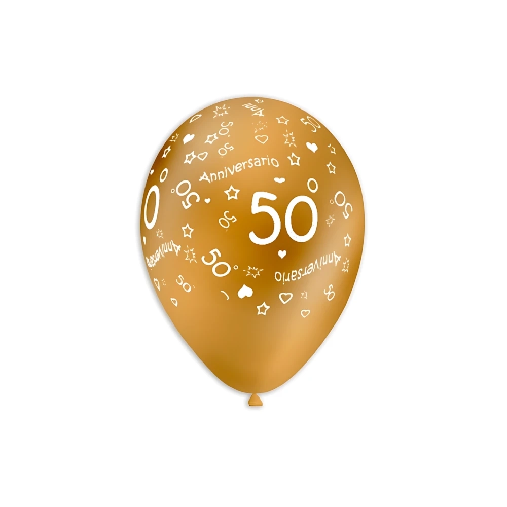 Palloncini 12" (30cm) oro 66 con stampa bianca globo 50° Anniversario, 100pz.