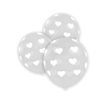 Palloncini 5" (12cm) trasparente 57 con stampa bianca globo Cuoricini, 100pz.