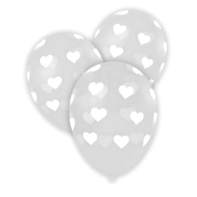 Palloncini 12" (30cm) trasparente 57 con stampa bianca globo Cuori, 100pz.