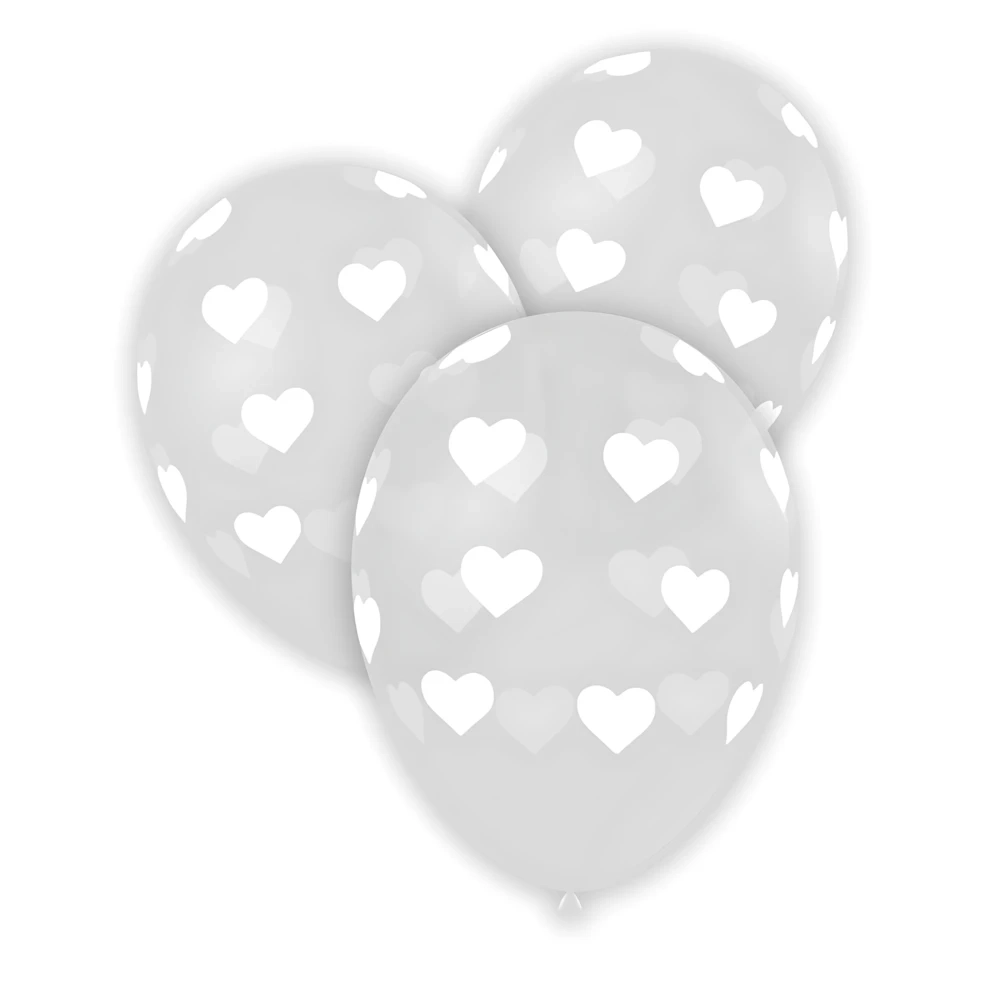 Palloncini 12" (30cm) trasparente 57 con stampa bianca globo Cuori, 100pz.