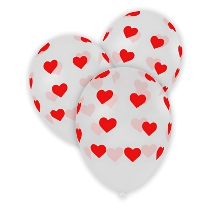 Palloncini 12" (30cm) trasparente 57 con stampa rossa globo Cuori, 100pz.