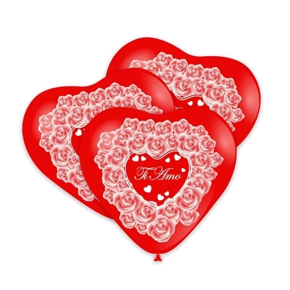 Palloncini a cuore 11" (25cm) rosso 28 con stampa bianca Ti Amo su 1 lato, 100pz.