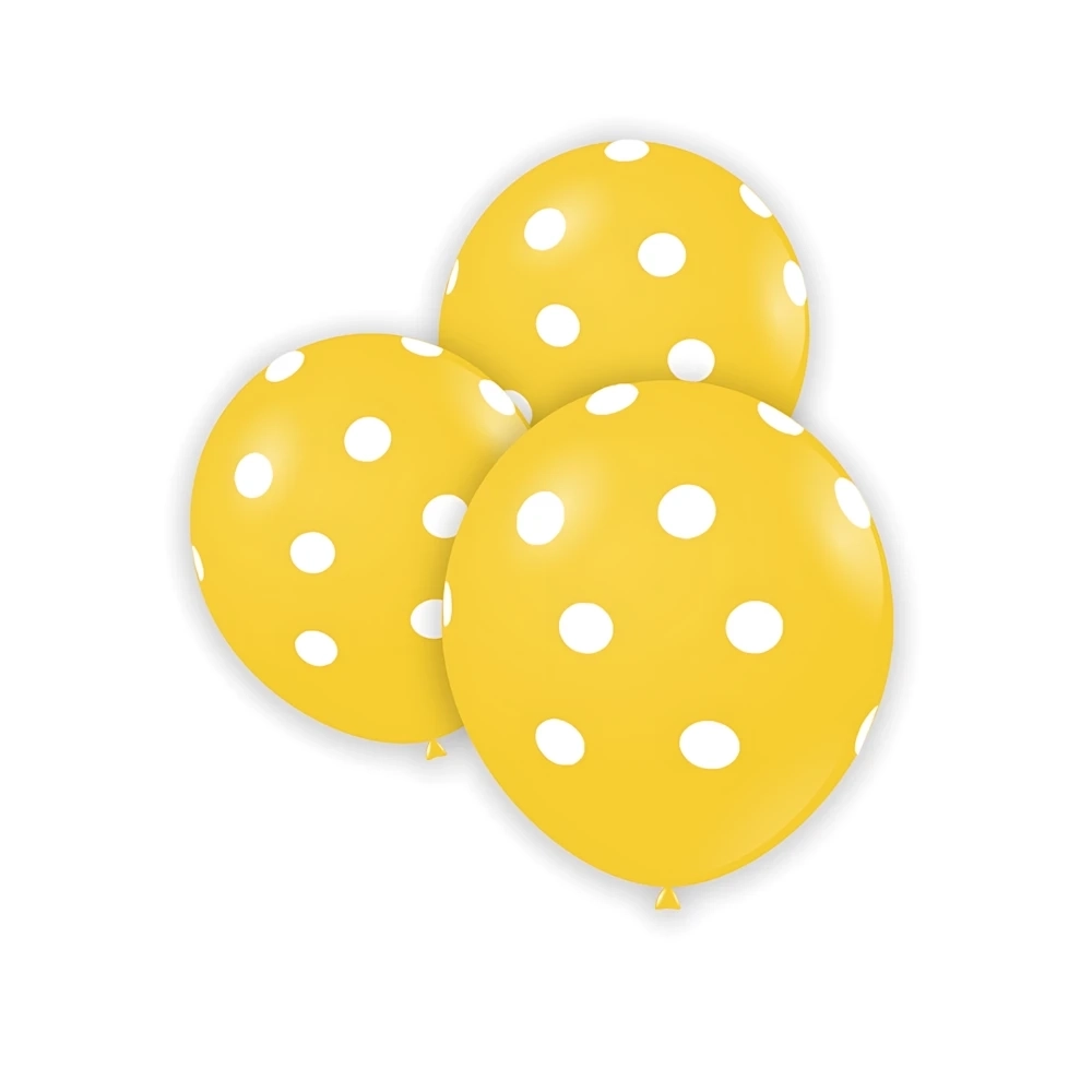 Palloncini 5" (12cm) giallo 11 con stampa bianca globo Pois, 100pz.