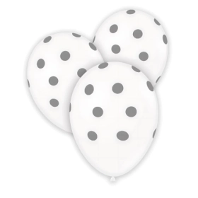 Palloncini 12" (30cm) Bianco st. con stampa Argento globo Pois, 100pz.