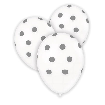 Palloncini 12" (30cm) Bianco st. con stampa Argento globo Pois, 100pz.