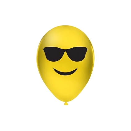 Palloncini 12" (30cm) giallo 11 con stampa nera Emoticon Occhiali su 1 lato, 100pz.
