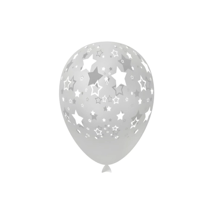 Palloncini 12" (30cm) trasparente 57 con stampa bianca globo Stelle, 100pz.