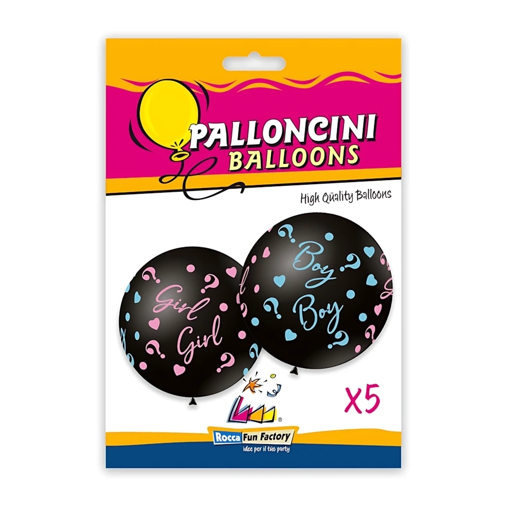 Palloncini 18" (46cm) nero con stampa rosa e celeste globo Boy or Girl?, 5pz.