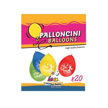 Palloncini 10" (26cm) assortiti con stampa bianca 1° Compleanno su 2 lati, 20pz.