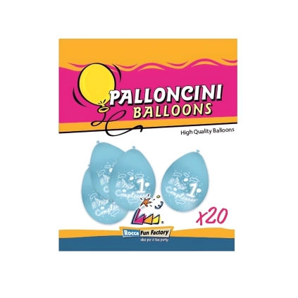 Palloncini 10" (26cm) celeste 46 con stampa bianca 1° Compleanno su 2 lati, 20pz.