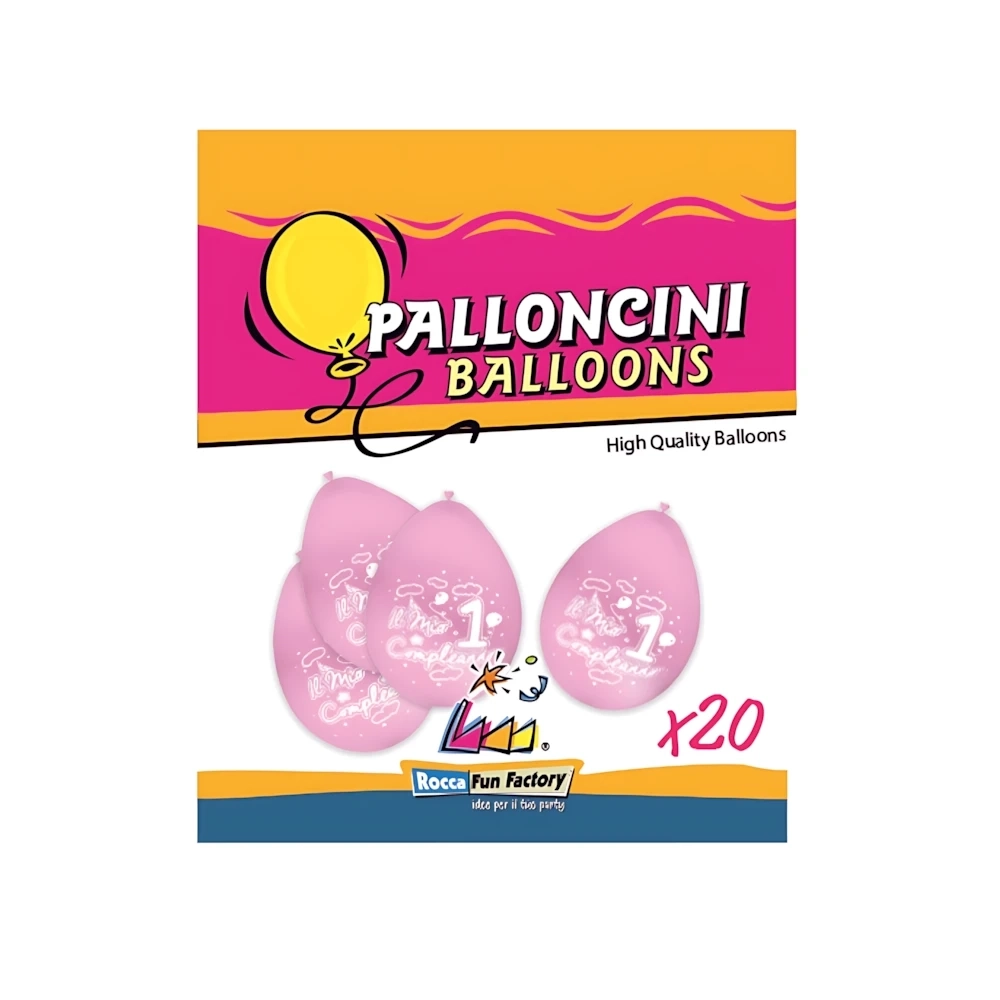 Palloncini 10" (26cm) rosa 26 con stampa bianca 1° Compleanno su 2 lati, 20pz.